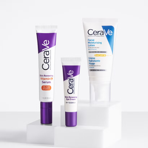CeraVe Daily Care Routine for First Signs of Ageing Eye Cream Vitamin C Serum and Moisturiser with SPF50