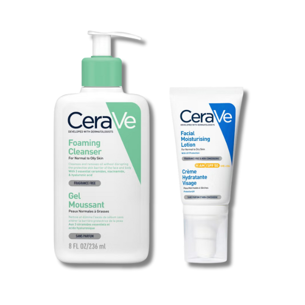 CeraVe Morning Cleanse and Protect Duo for Oily Skin, Cleanser with Niacinamide and Moisturiser with SPF 50 and Hyaluronic Acid