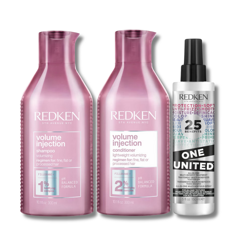 Redken Volume Injection Shampoo, Conditioner and One United Treatment Spray Routine for Fine/Flat Hair