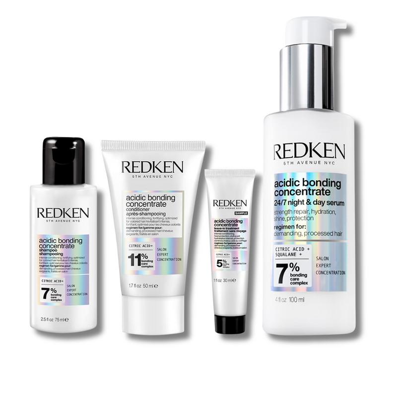 Redken Acidic Bonding Concentrate Shampoo 75ml, Conditioner 50ml, Leave-in Treatment 30ml and 24/7 Night and Day Serum 100ml