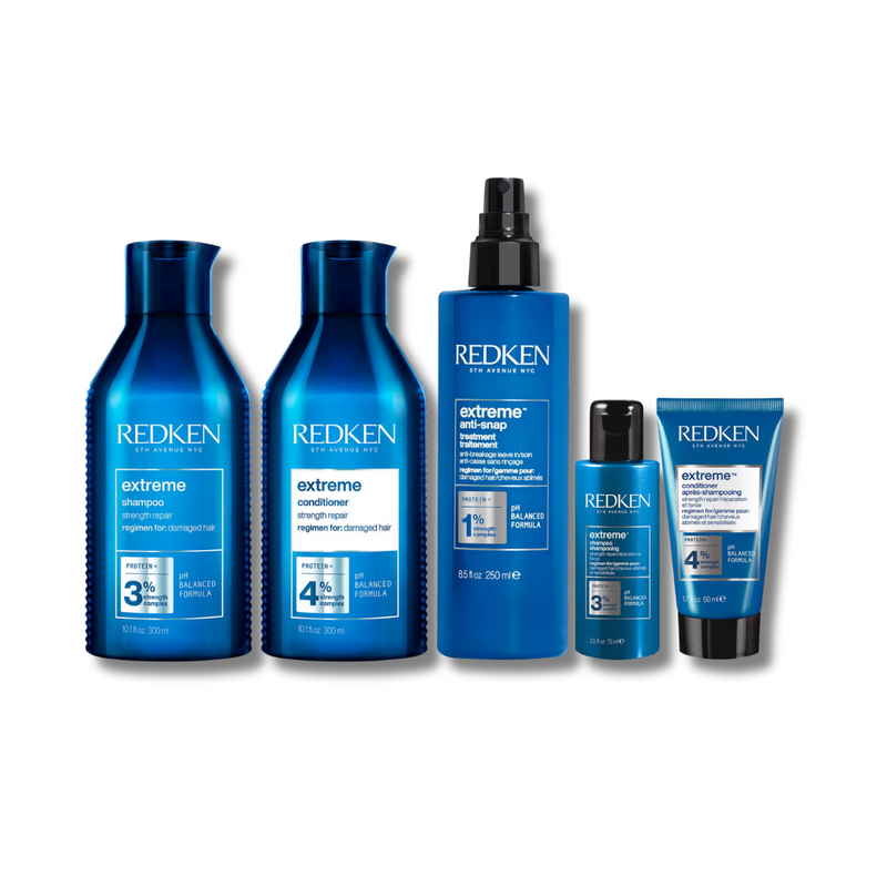 Redken Extreme Shampoo 300ml, Conditioner 300ml, Anti-Snap 250ml + Shampoo and Conditioner Travel Sizes Bundle (Worth £81.01)