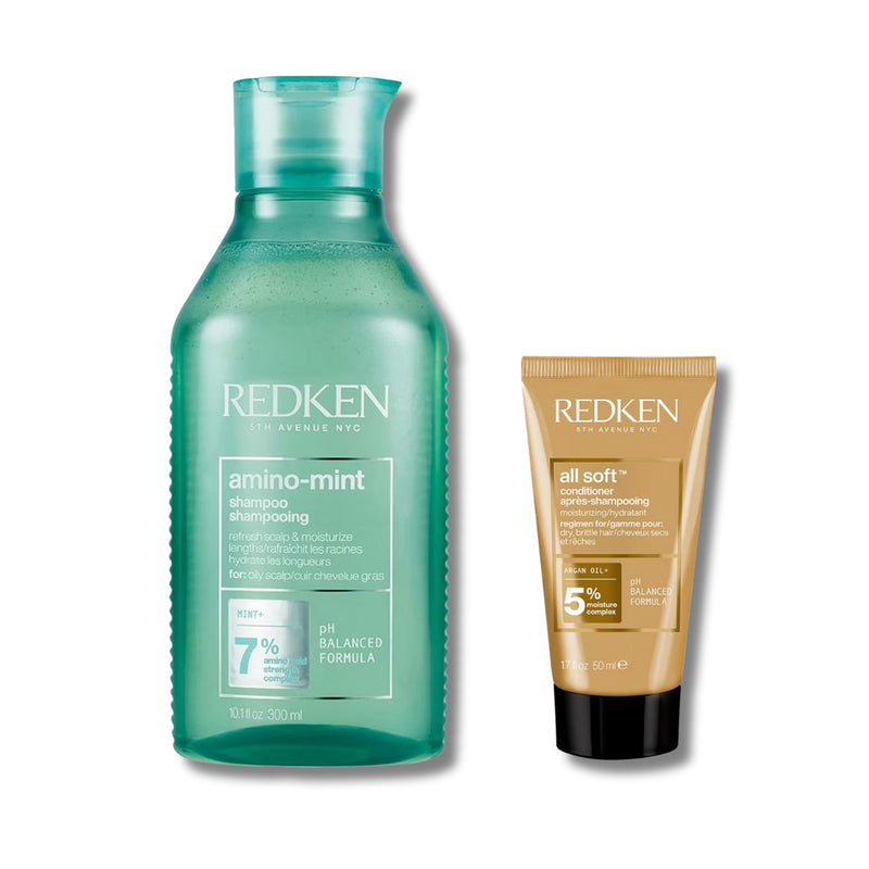 Redken Amino Mint Scalp Cleansing for Greasy Hair Shampoo and All Soft Conditioner Bundle