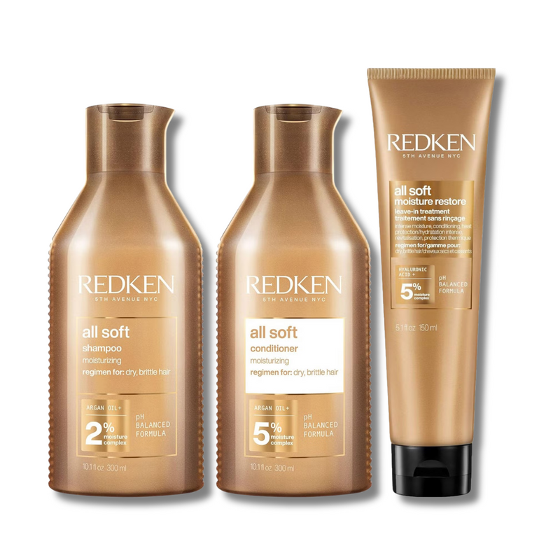 Redken All Soft Shampoo, Conditioner and Moisture Restore Leave-In Treatment, Hydrating Bundle, Softness & Shine, for Dry Hair