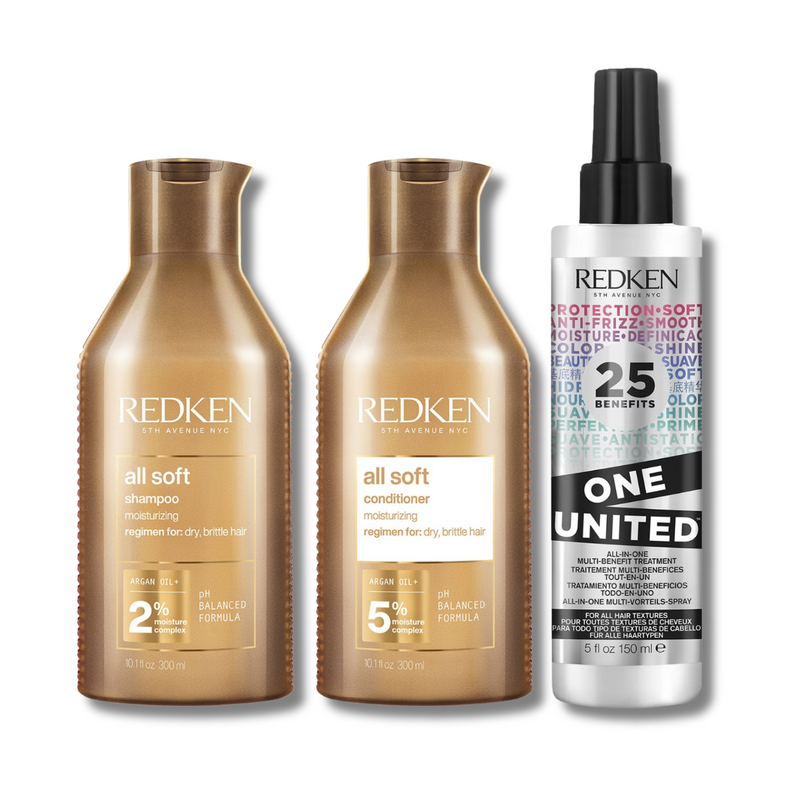 Redken All Soft Shampoo, Conditioner and One United Multi-Benefit Treatment Spray Hydrating Bundle for Dry Hair