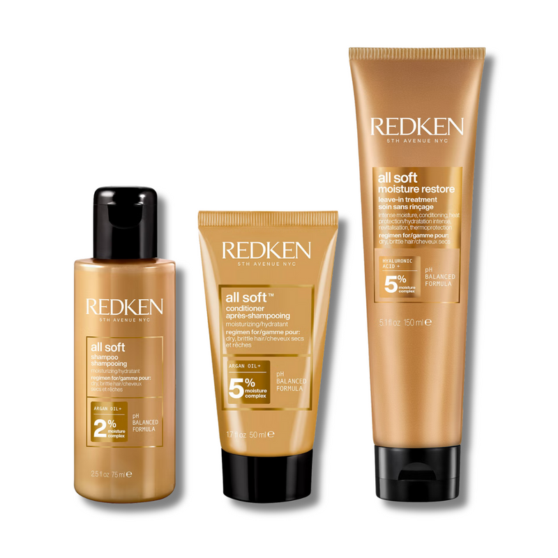 Redken All Soft Shampoo 75ml, Conditioner 30ml and Leave-in Treatment 150ml Bundle for Dry and Brittle Hair (Worth £33.82)