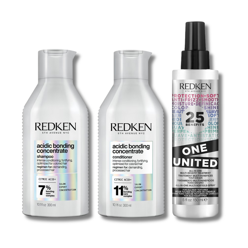 Redken Acidic Bonding Concentrate Shampoo, Conditioner and One United Multi-Benefit Leave-In Treatment Bond Repair Bundle