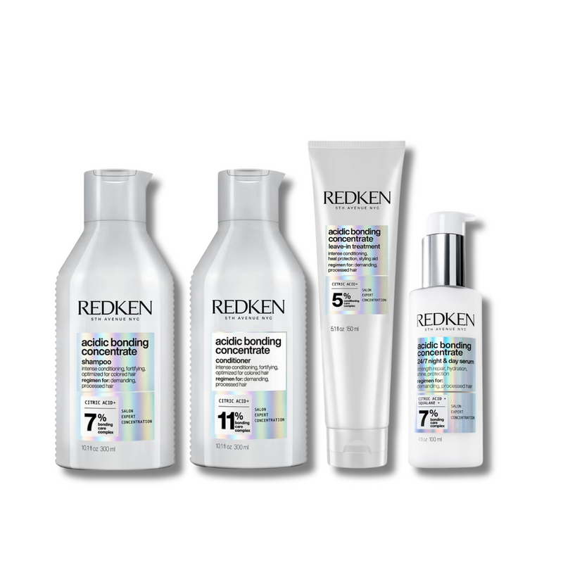 Redken Acidic Bonding Concentrate Shampoo 300ml, Conditioner 300ml, Leave-in Treatment 150ml and 24/7 Night & Day Serum Bundle