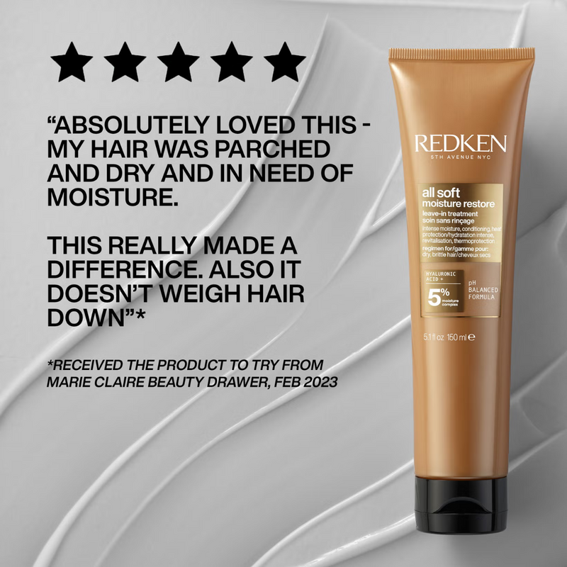 Redken All Soft Shampoo, Conditioner and Moisture Restore Leave-In Treatment, Hydrating Bundle, Softness & Shine, for Dry Hair