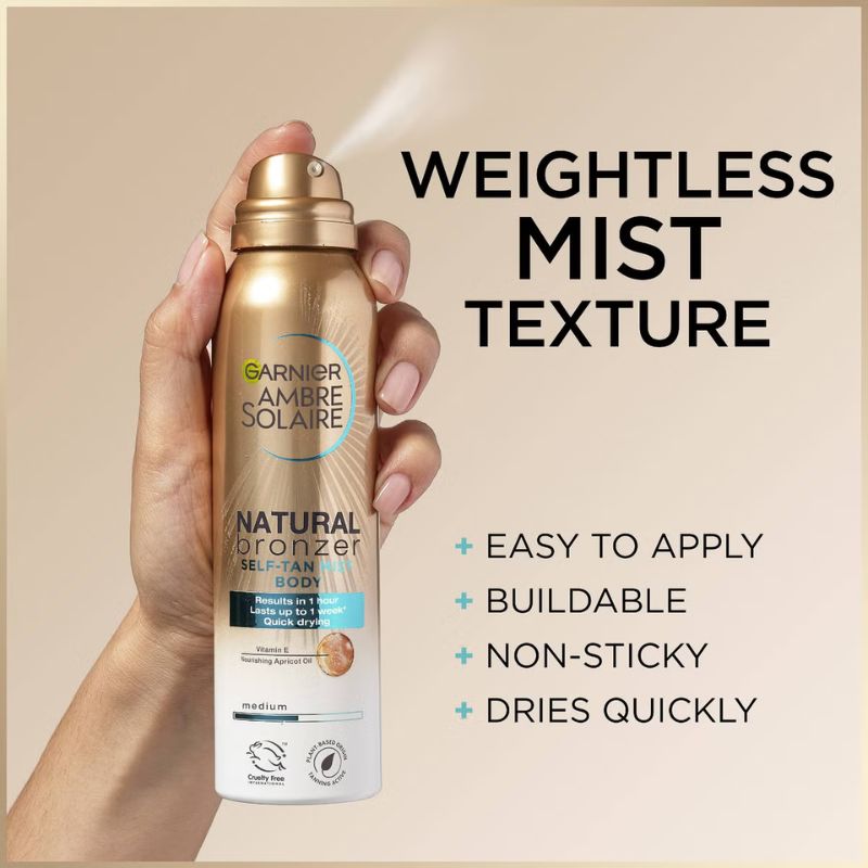Garnier Ambre Solaire Natural Bronzer Quick Drying Body Self Tan Mist Medium 150ml