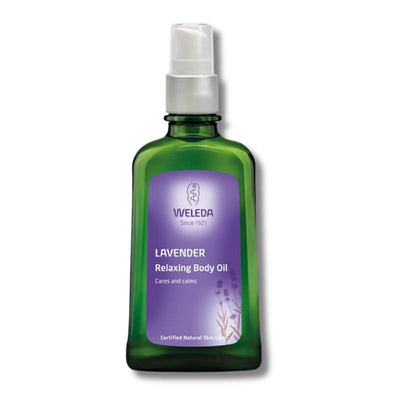 Weleda lavender relaxing body oil bottle on a white background