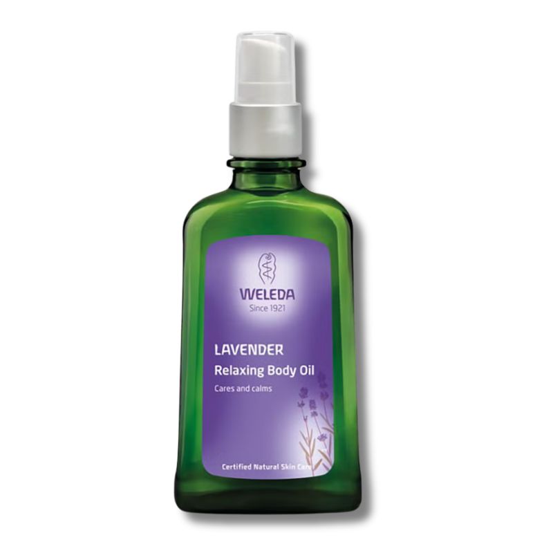 Weleda lavender relaxing body oil bottle on a white background