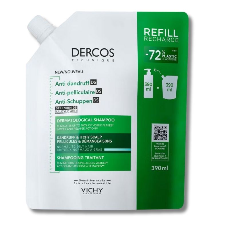 Vichy Dercos Anti-Dandruff Dermatological Shampoo for Normal to Oily Hair 390ml Refill