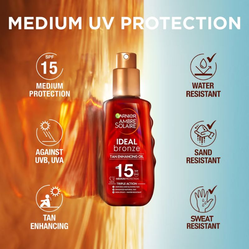 Garnier Ambre Solaire Ideal Bronze Protective Oil SPF15 & SPF30 with After Sun Tan Maintainer
