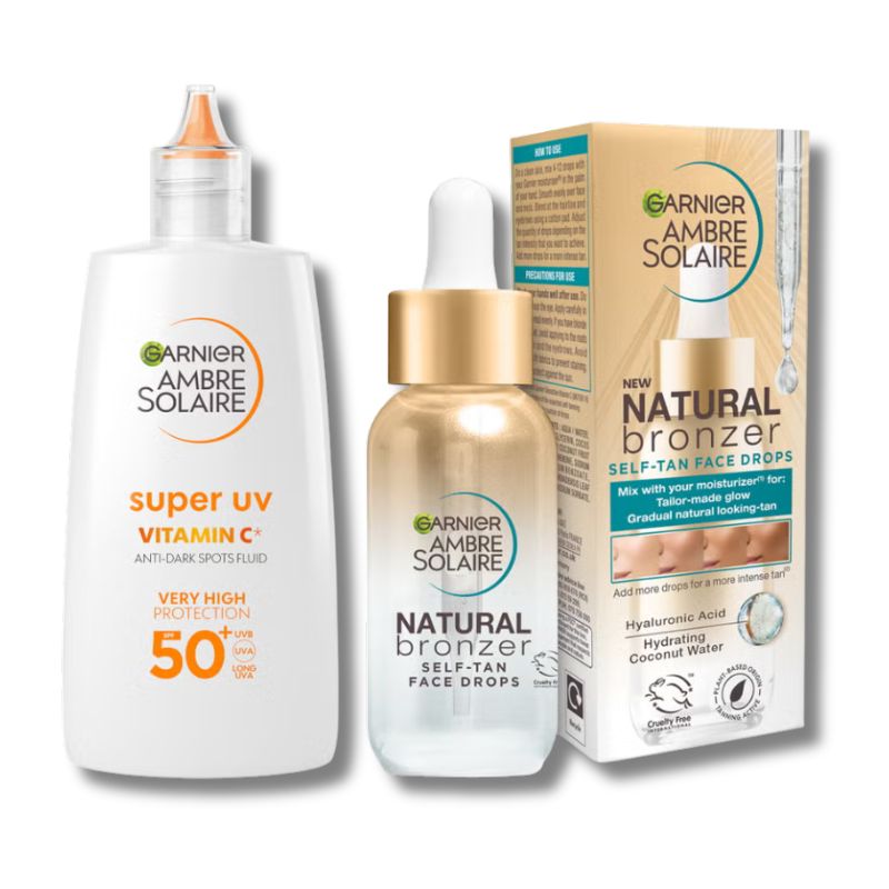 Garnier Glow and Protect Duo: Natural Bronzer Self-Tan Drops and Ambre Solaire Vitamin C Facial SPF50+ Fluid