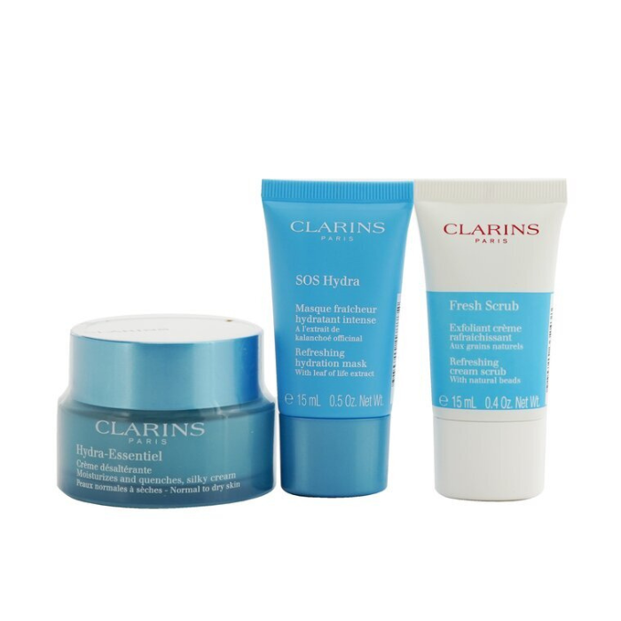 Clarins Hydration Essentials Gift Set: Hydra-Essentiel Silky Cream 50ml+ Fresh Scrub 15ml+ SOS Hydra Mask 15ml+ Pouch 3pcs+1pouch